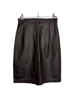 Vintage 80s 90s Brown Leather Pencil Skirt Sz 5 XS Knee Length Classic VGUC